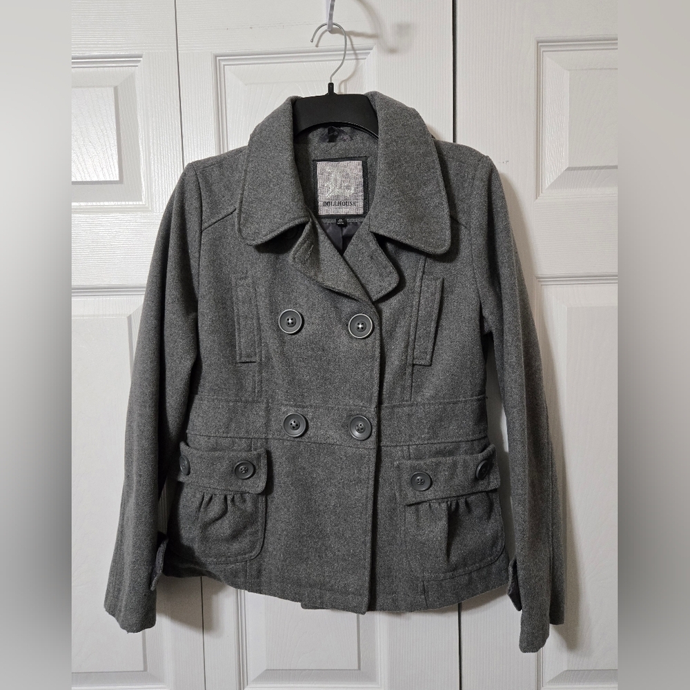 Gray Double Breasted Hooded Pea Coat Jacket, w/Pockets, Medium, Like New